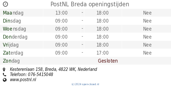 teller breedte Notebook PostNL Breda openingstijden, Kesterenlaan 158
