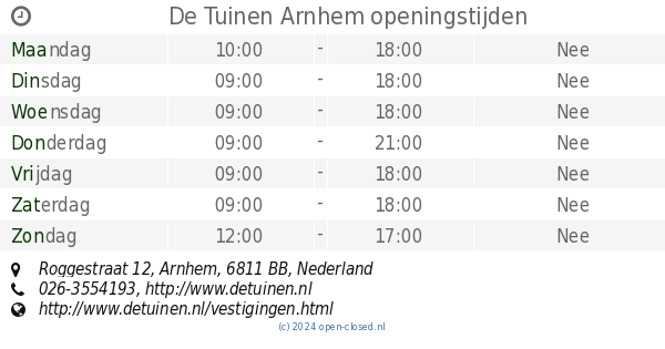 De Tuinen Arnhem openingstijden, Roggestraat 12